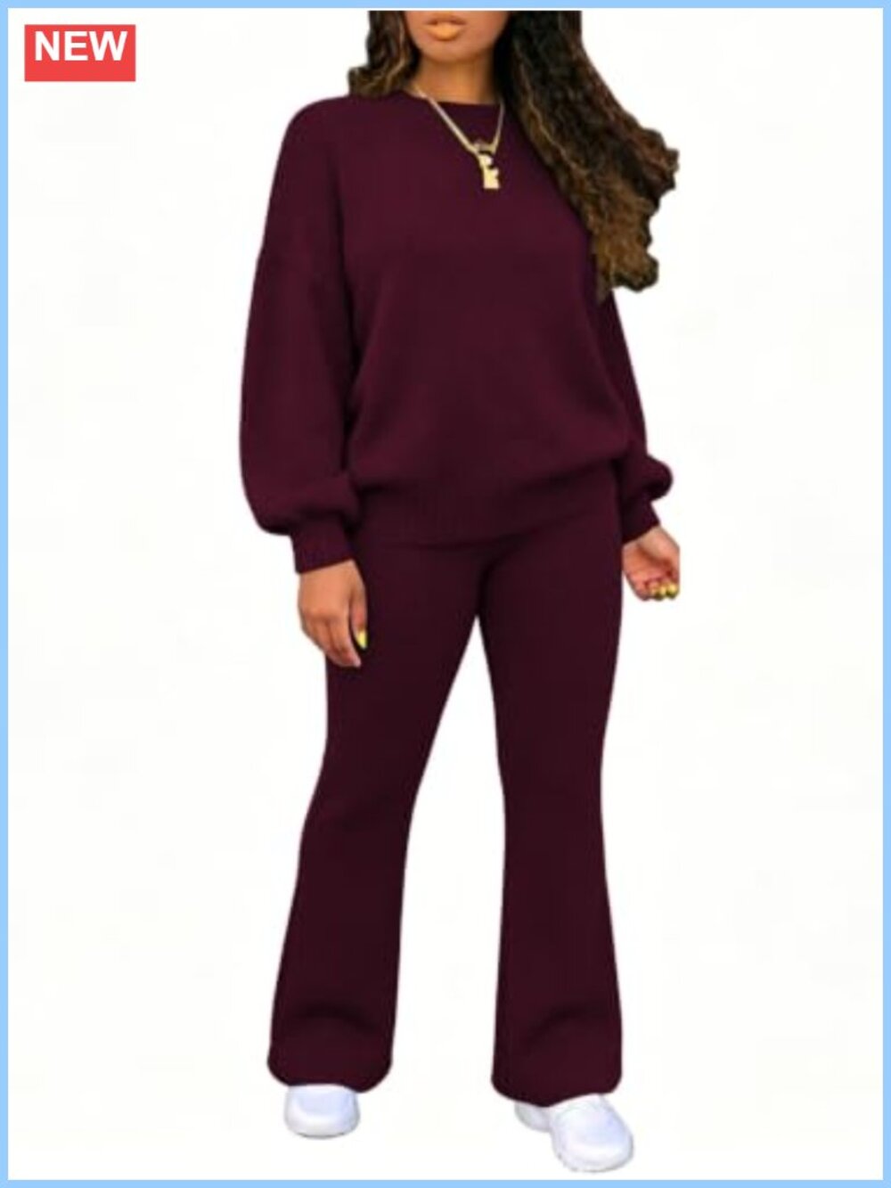 Two Piece Knit Sweater Set Long Sleeve Top Flare Pants Loungewear
